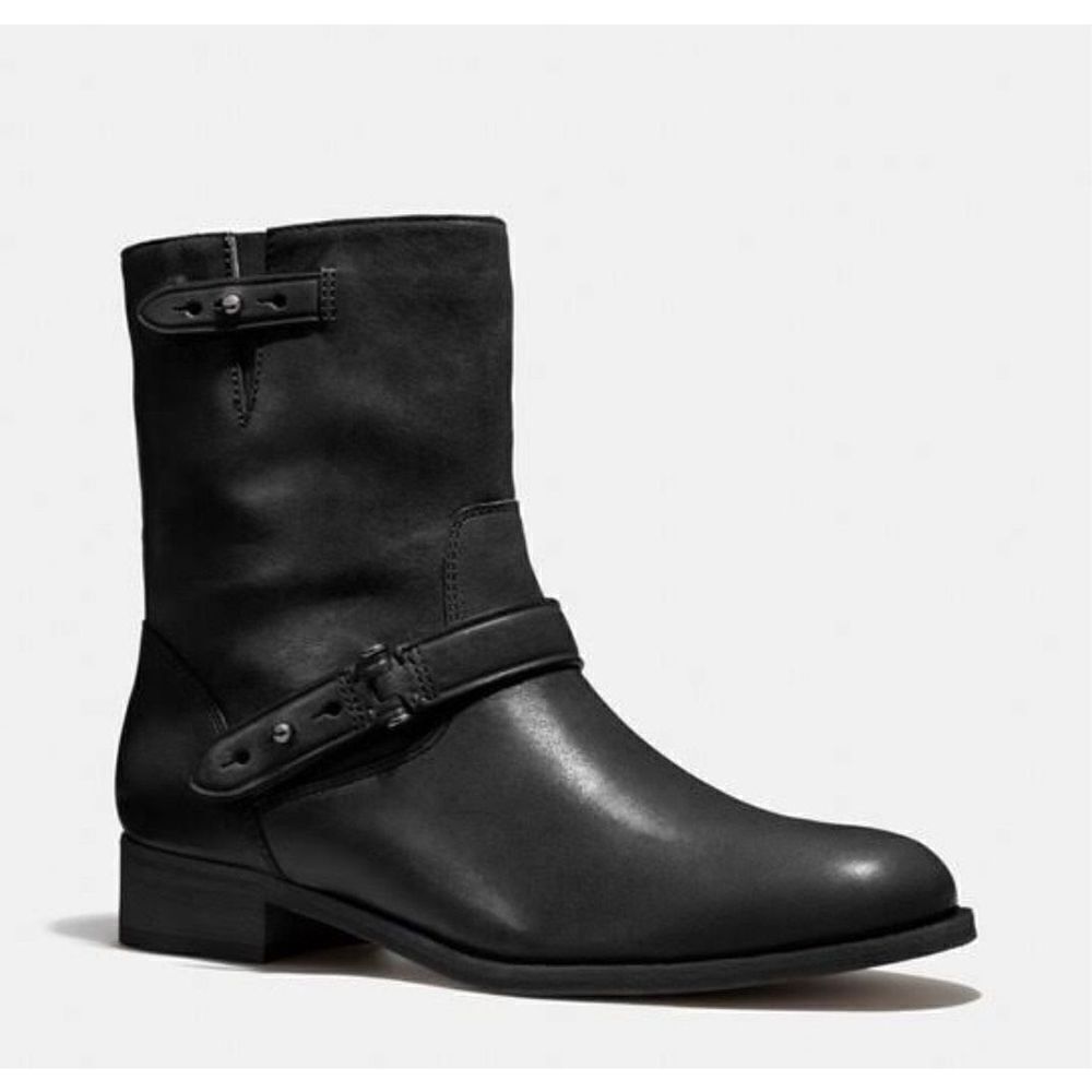 Coach Boots Women's 6.5 Black Amy Ankle Moto Style Flat Leather Motorcycle